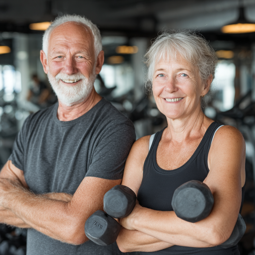 Група літніх людей займається йогою в парку